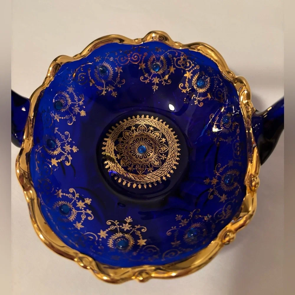 Gorgeous 1960’s Cobalt Blue Glass Basket w/Gold Gilded Decor&Cobalt Blue Beading